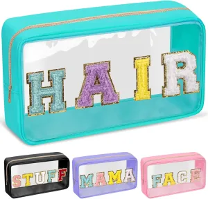 Chenille Letter Clear Makeup Bags Hair Pouch, Preppy Patch Makeup Bag with Zipper, Transparent PVC & Nylon Waterproof Portable Glitter Cosmetic Bag Travel Toiletry Storage for Women Girl(HAIR-Green)