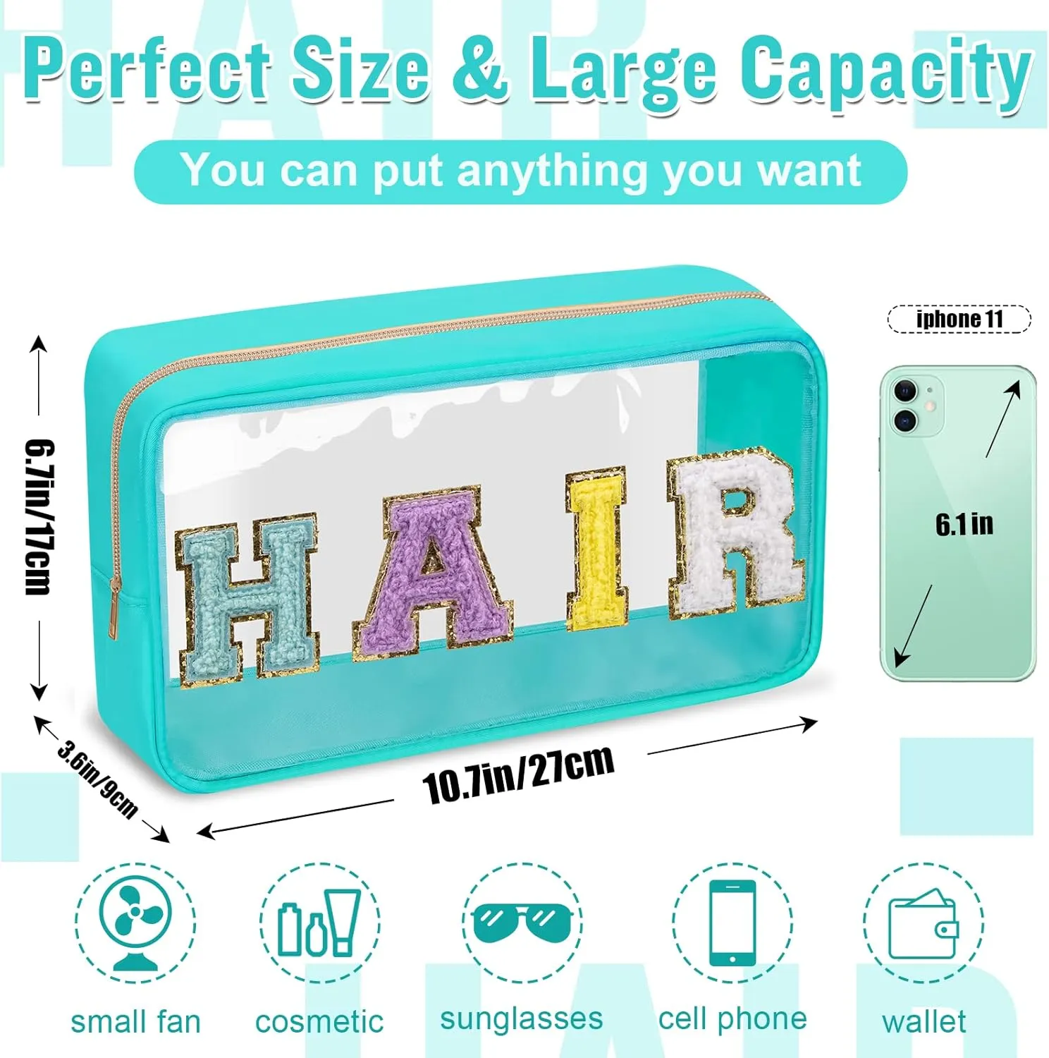 Chenille Letter Clear Makeup Bags Hair Pouch, Preppy Patch Makeup Bag with Zipper, Transparent PVC & Nylon Waterproof Portable Glitter Cosmetic Bag Travel Toiletry Storage for Women Girl(HAIR-Green)