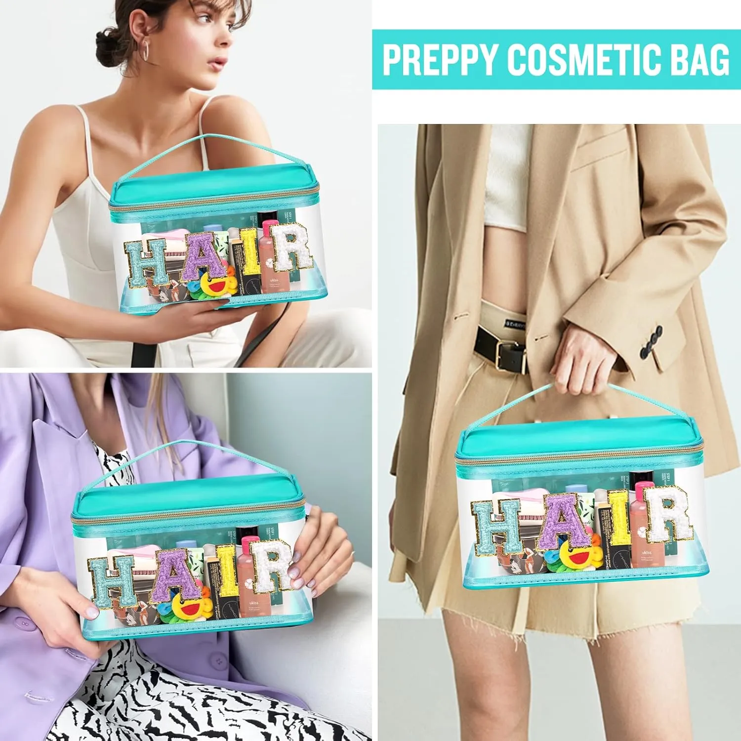 Chenille Letter Clear Makeup Bags Hair Pouch, Preppy Patch Makeup Bag Zipper with Handle, Transparent PVC & Nylon Waterproof Glitter Cosmetic Handbag Travel Toiletry Storage for Women Girl(HAIR-Green)