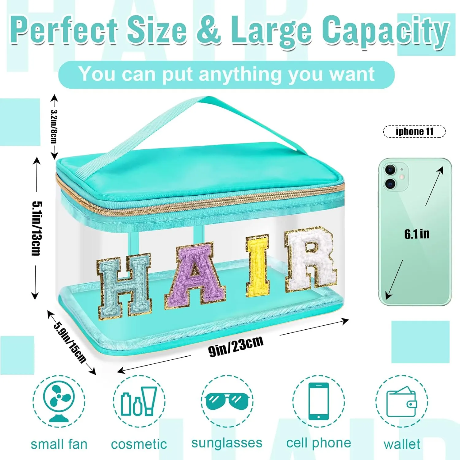 Chenille Letter Clear Makeup Bags Hair Pouch, Preppy Patch Makeup Bag Zipper with Handle, Transparent PVC & Nylon Waterproof Glitter Cosmetic Handbag Travel Toiletry Storage for Women Girl(HAIR-Green)