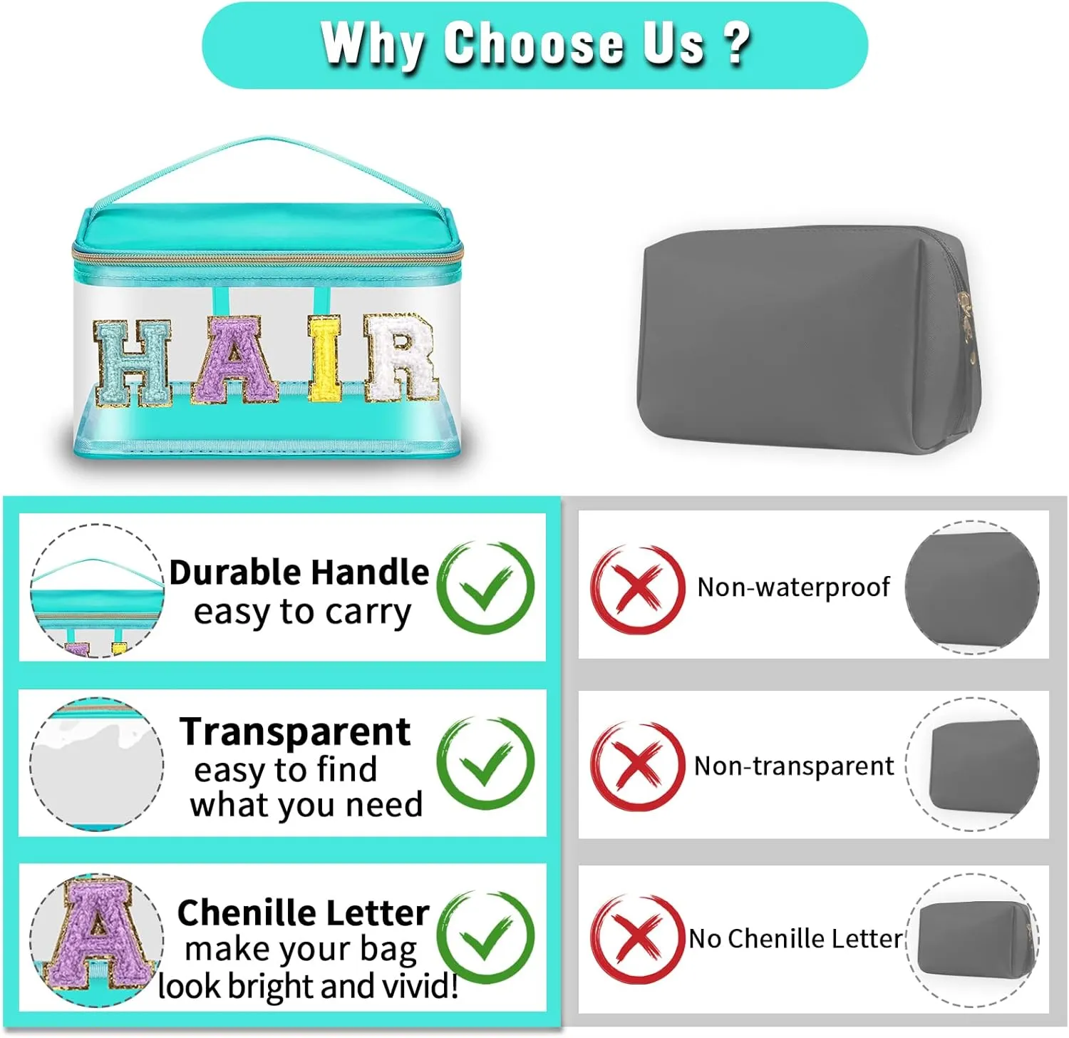 Chenille Letter Clear Makeup Bags Hair Pouch, Preppy Patch Makeup Bag Zipper with Handle, Transparent PVC & Nylon Waterproof Glitter Cosmetic Handbag Travel Toiletry Storage for Women Girl(HAIR-Green)