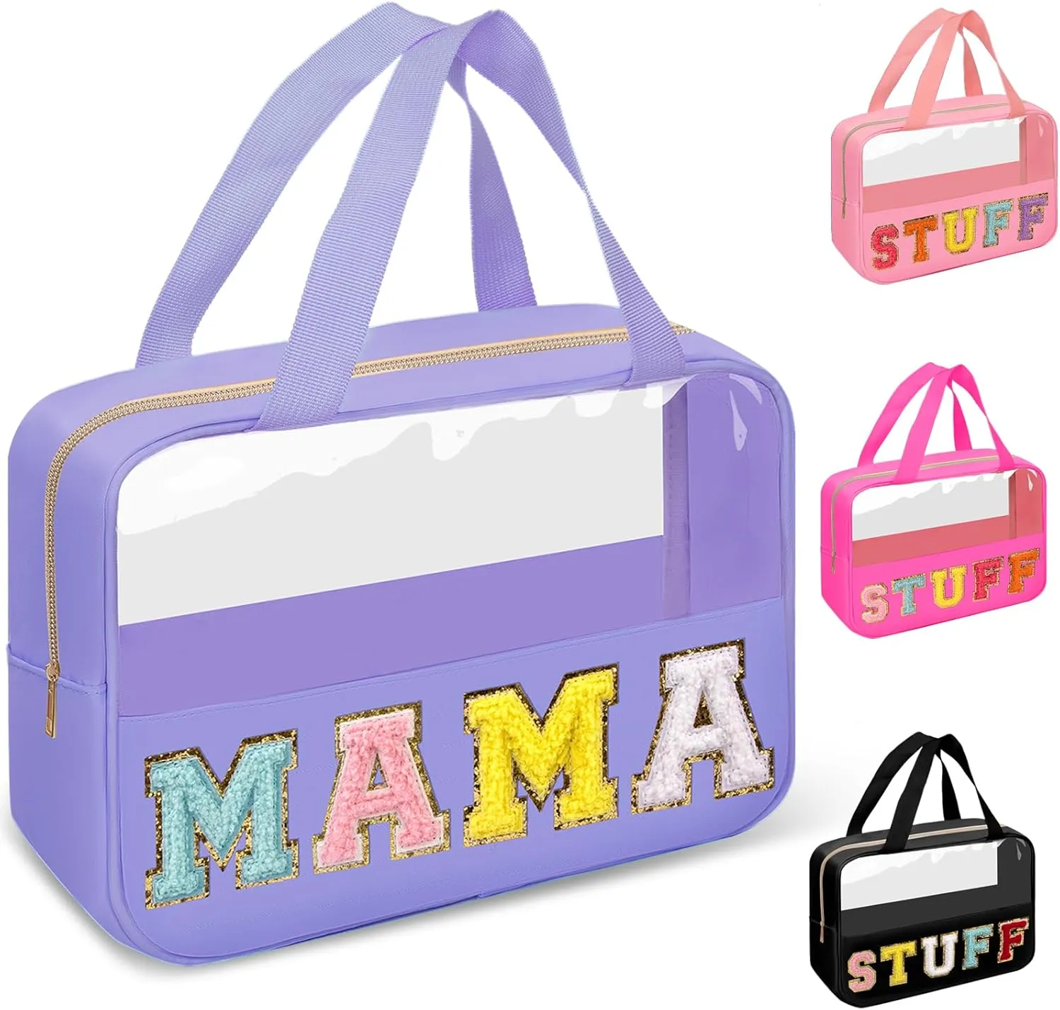 Chenille Letter Clear Makeup Bags Mama Tote, Preppy Patch Makeup Bag Zipper with Handle, Waterproof PVC & Nylon Portable Glitter Large Cosmetic Travel Toiletry Storage Bag for Women Girls(MAMA-Purple)
