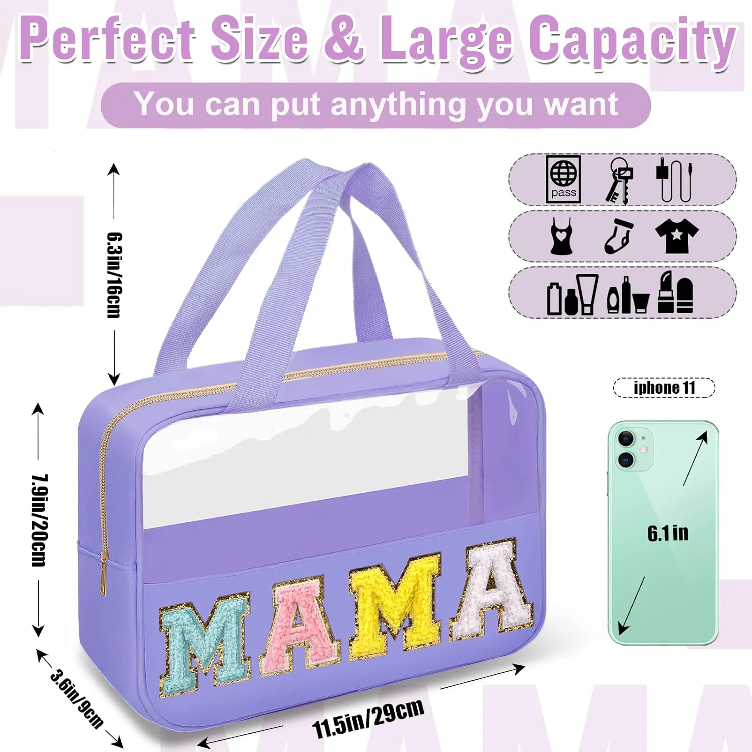 Chenille Letter Clear Makeup Bags Mama Tote, Preppy Patch Makeup Bag Zipper with Handle, Waterproof PVC & Nylon Portable Glitter Large Cosmetic Travel Toiletry Storage Bag for Women Girls(MAMA-Purple)