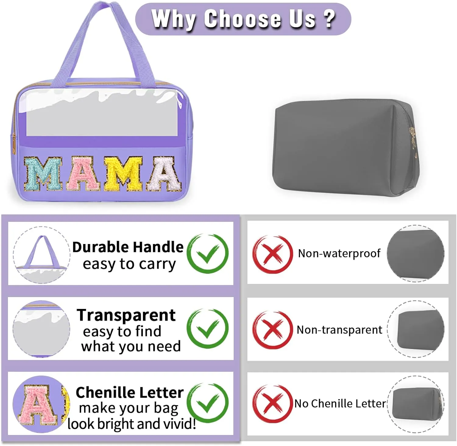 Chenille Letter Clear Makeup Bags Mama Tote, Preppy Patch Makeup Bag Zipper with Handle, Waterproof PVC & Nylon Portable Glitter Large Cosmetic Travel Toiletry Storage Bag for Women Girls(MAMA-Purple)