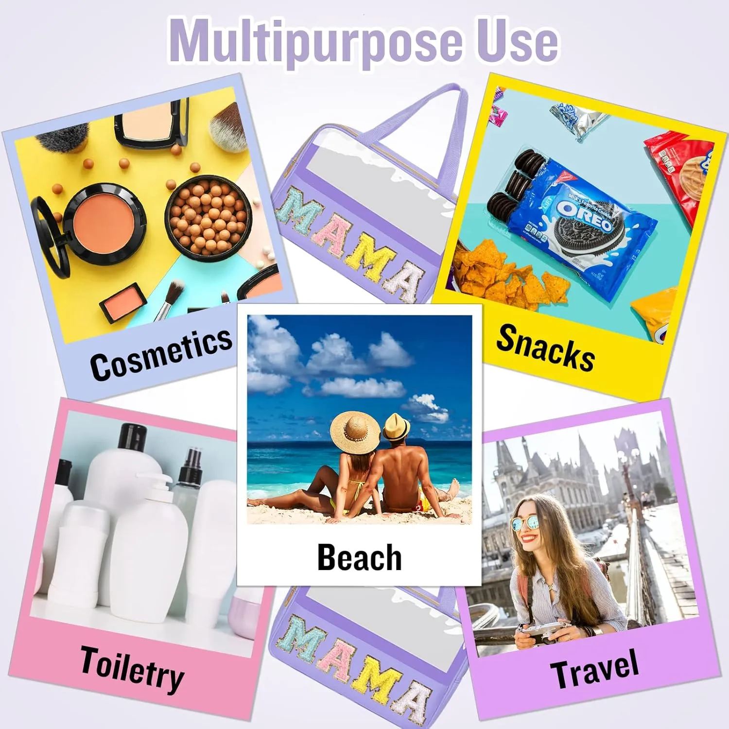 Chenille Letter Clear Makeup Bags Mama Tote, Preppy Patch Makeup Bag Zipper with Handle, Waterproof PVC & Nylon Portable Glitter Large Cosmetic Travel Toiletry Storage Bag for Women Girls(MAMA-Purple)