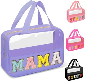 Chenille Letter Clear Makeup Bags Mama Tote, Preppy Patch Makeup Bag Zipper with Handle, Waterproof PVC & Nylon Portable Glitter Large Cosmetic Travel Toiletry Storage Bag for Women Girls(MAMA-Purple)