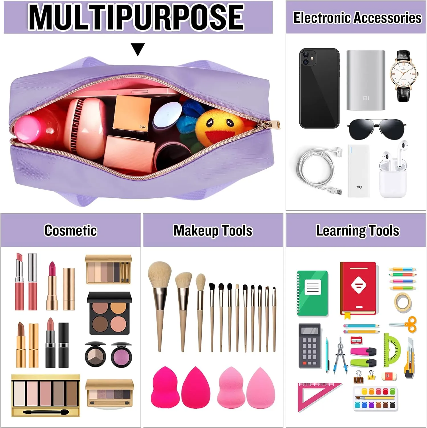 Chenille Letter Clear Makeup Bags Mama Tote, Preppy Patch Makeup Bag Zipper with Handle, Waterproof PVC & Nylon Portable Glitter Large Cosmetic Travel Toiletry Storage Bag for Women Girls(MAMA-Purple)