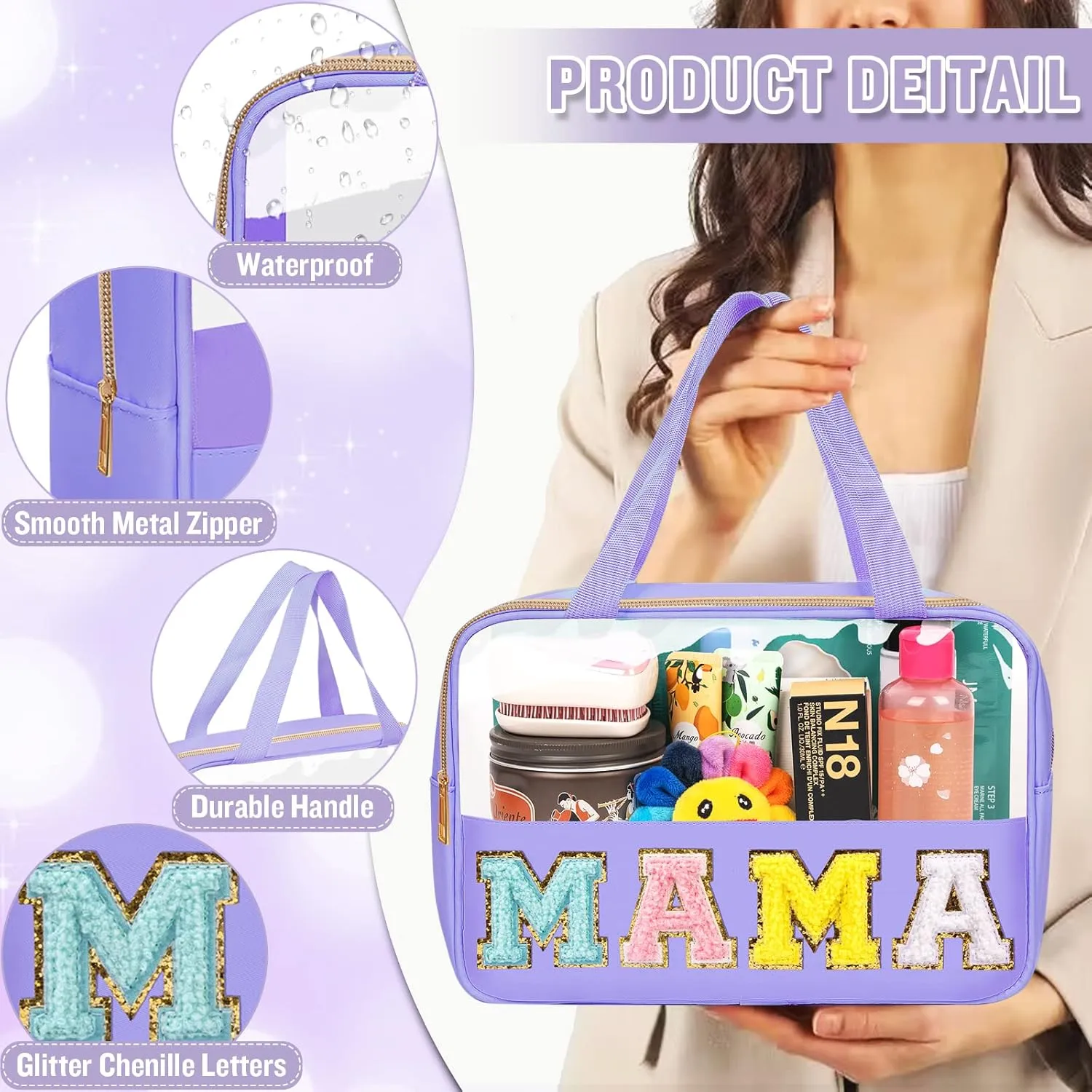 Chenille Letter Clear Makeup Bags Mama Tote, Preppy Patch Makeup Bag Zipper with Handle, Waterproof PVC & Nylon Portable Glitter Large Cosmetic Travel Toiletry Storage Bag for Women Girls(MAMA-Purple)