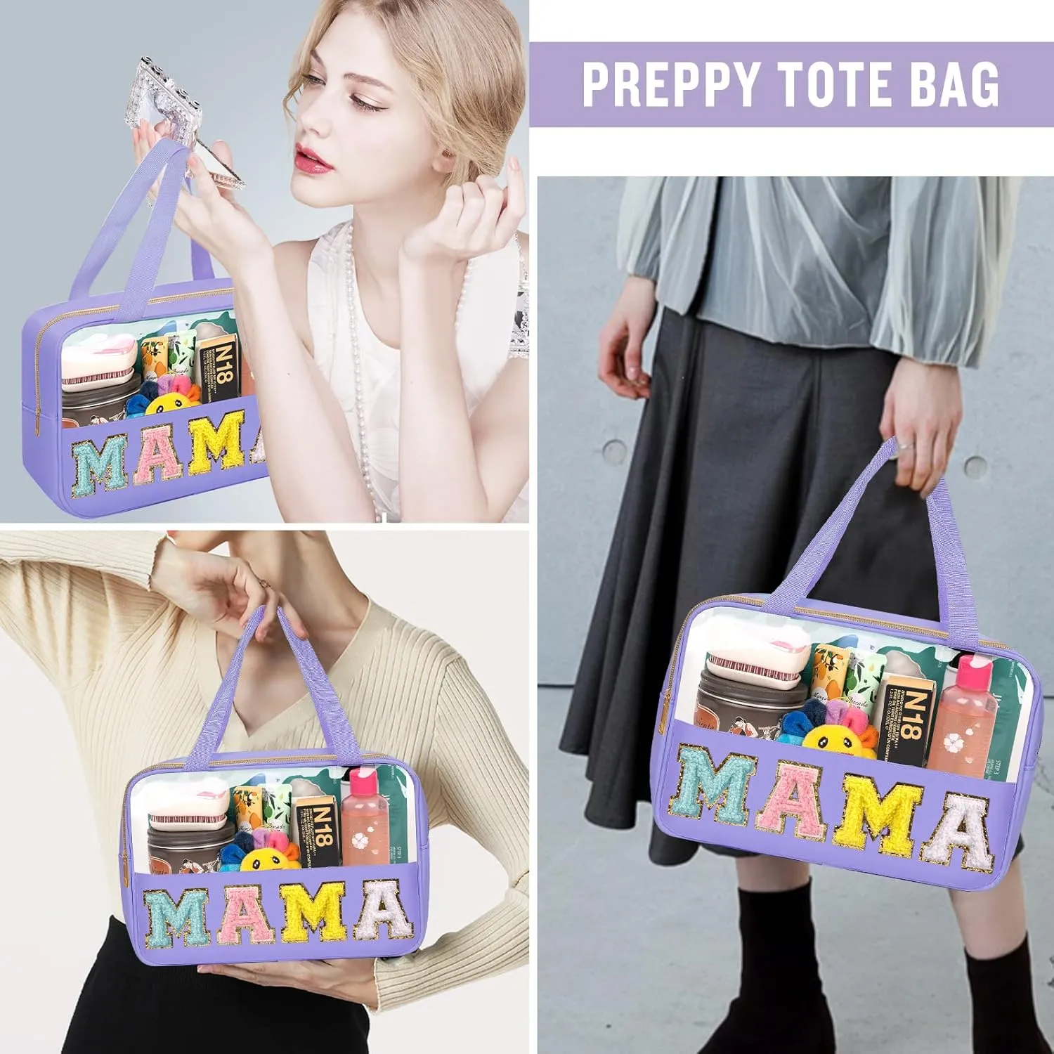 Chenille Letter Clear Makeup Bags Mama Tote, Preppy Patch Makeup Bag Zipper with Handle, Waterproof PVC & Nylon Portable Glitter Large Cosmetic Travel Toiletry Storage Bag for Women Girls(MAMA-Purple)