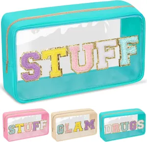 Chenille Letter Clear Makeup Bags Stuff Pouch, Preppy Patch Makeup Bag with Zipper, Transparent PVC & Nylon Waterproof Portable Glitter Cosmetic Bag Travel Toiletry Storage for Women Girl(STUFF-Green)