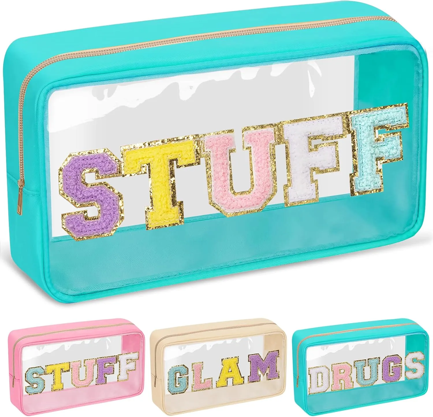 Chenille Letter Clear Makeup Bags Stuff Pouch, Preppy Patch Makeup Bag with Zipper, Transparent PVC & Nylon Waterproof Portable Glitter Cosmetic Bag Travel Toiletry Storage for Women Girl(STUFF-Green)