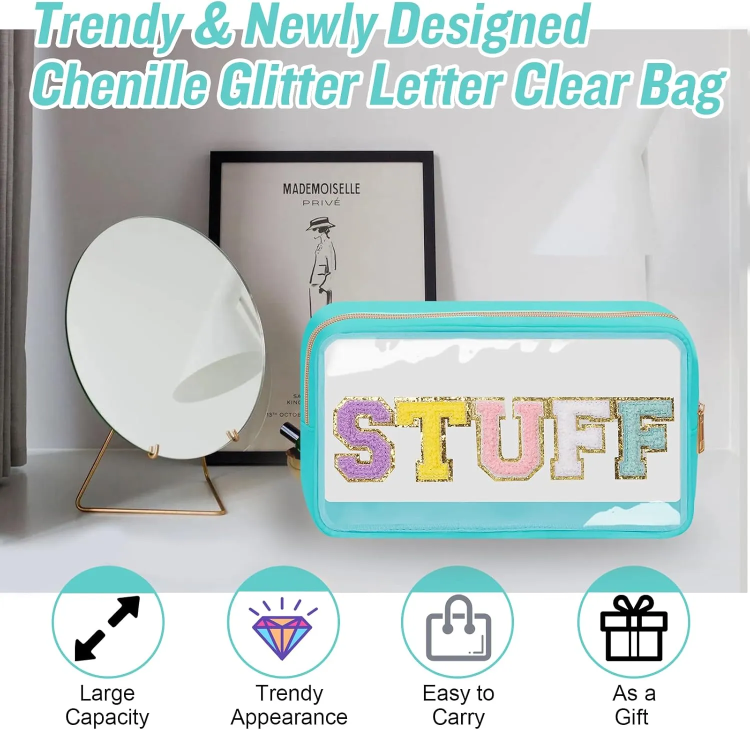 Chenille Letter Clear Makeup Bags Stuff Pouch, Preppy Patch Makeup Bag with Zipper, Transparent PVC & Nylon Waterproof Portable Glitter Cosmetic Bag Travel Toiletry Storage for Women Girl(STUFF-Green)