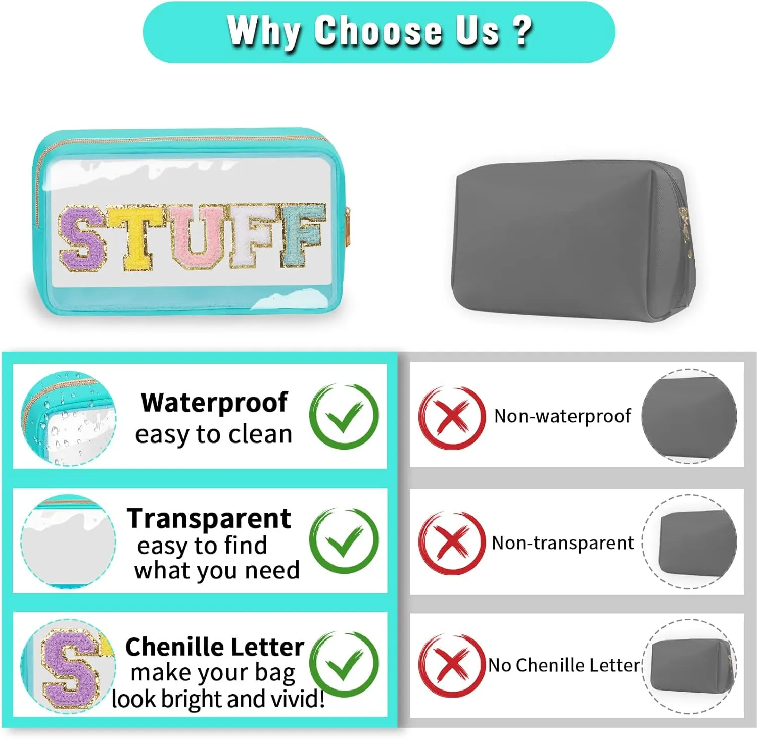 Chenille Letter Clear Makeup Bags Stuff Pouch, Preppy Patch Makeup Bag with Zipper, Transparent PVC & Nylon Waterproof Portable Glitter Cosmetic Bag Travel Toiletry Storage for Women Girl(STUFF-Green)