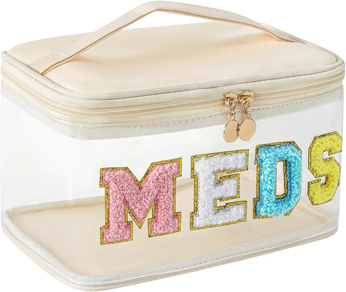 Chenille Letter Clear Medicine Makeup Bag, Large Size Waterproof Nylon Cosmetic Toiletry Storage bag with Top Handle, Transparent Meds First Aid Travel Organizer Cosmetic Bag(03Beige)