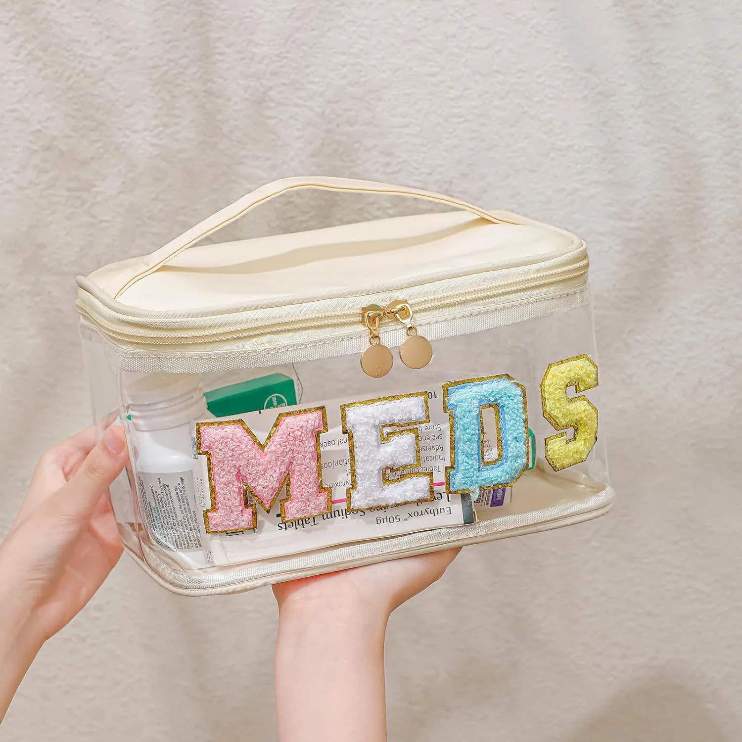 Chenille Letter Clear Medicine Makeup Bag, Large Size Waterproof Nylon Cosmetic Toiletry Storage bag with Top Handle, Transparent Meds First Aid Travel Organizer Cosmetic Bag(03Beige)