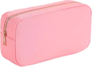 ChezMax Travel Makeup Bag, Nylon Cosmetic Bag for Purse, Toiletry Organizer Waterproof Zipper Pouch, Preppy Make up Storage Bag for Women and Girls (Pink)