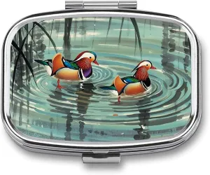 Chinese Style Mandarin Ducks Pill Box 2 Compartment Medicine Pill Case Portable Square Travel Pill Kit Vitamin Holder for Men Women