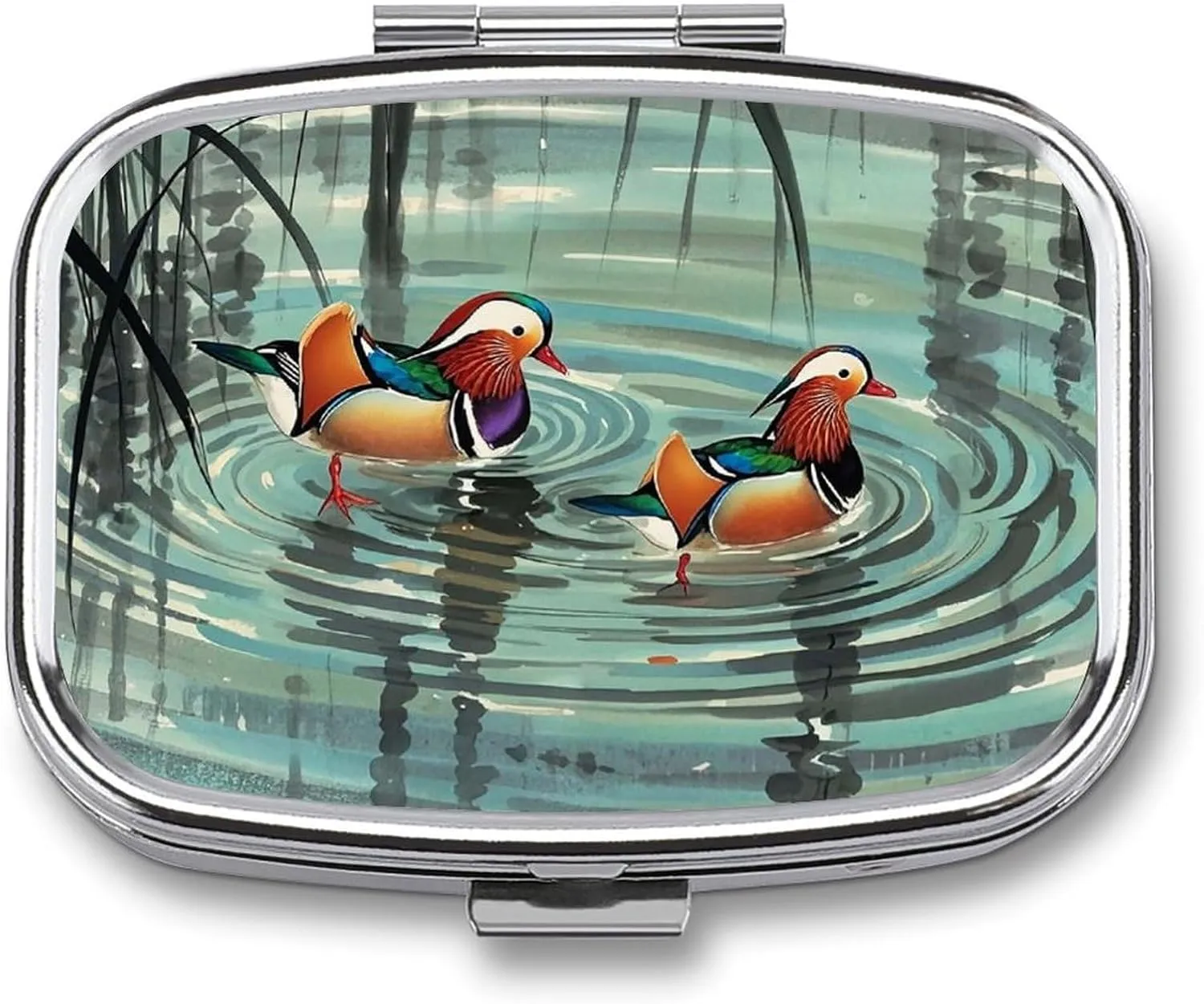 Chinese Style Mandarin Ducks Pill Box 2 Compartment Medicine Pill Case Portable Square Travel Pill Kit Vitamin Holder for Men Women