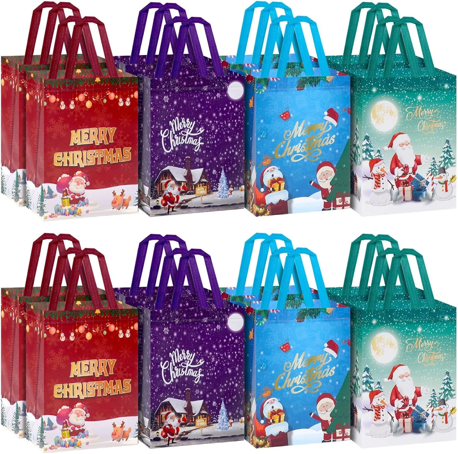 Christmas Bags Medium Size - Set of 16 Reusable Non-Woven Tote Bags for Holiday Gifts, Parties & Favorites - 8.3x4.7x10.2in