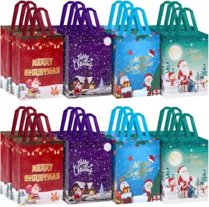 Christmas Bags Medium Size - Set of 16 Reusable Non-Woven Tote Bags for Holiday Gifts, Parties & Favorites - 8.3x4.7x10.2in