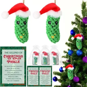 Christmas Crochet Pickle Gifts German Pickle in Santa Hat Ornament Party Favor with The Legend of Christmas Card Organza Bags Cucumber Knitted Doll Stuff for Employee Coworker Team(3 Sets)