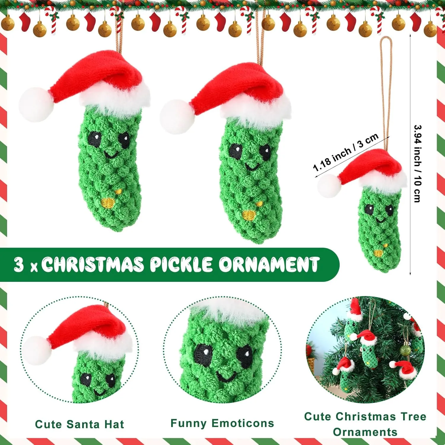 Christmas Crochet Pickle Gifts German Pickle in Santa Hat Ornament Party Favor with The Legend of Christmas Card Organza Bags Cucumber Knitted Doll Stuff for Employee Coworker Team(3 Sets)