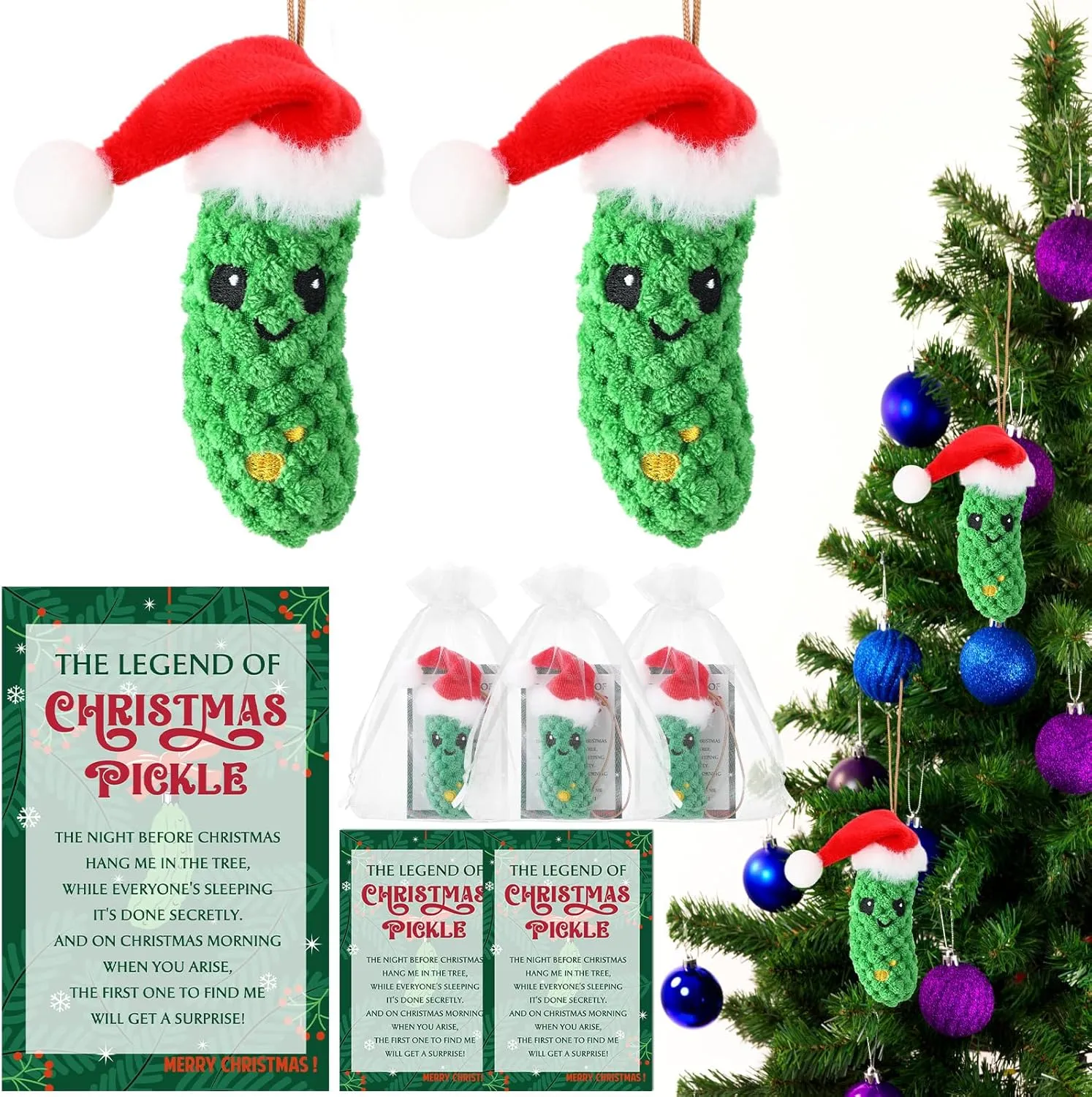 Christmas Crochet Pickle Gifts German Pickle in Santa Hat Ornament Party Favor with The Legend of Christmas Card Organza Bags Cucumber Knitted Doll Stuff for Employee Coworker Team(3 Sets)