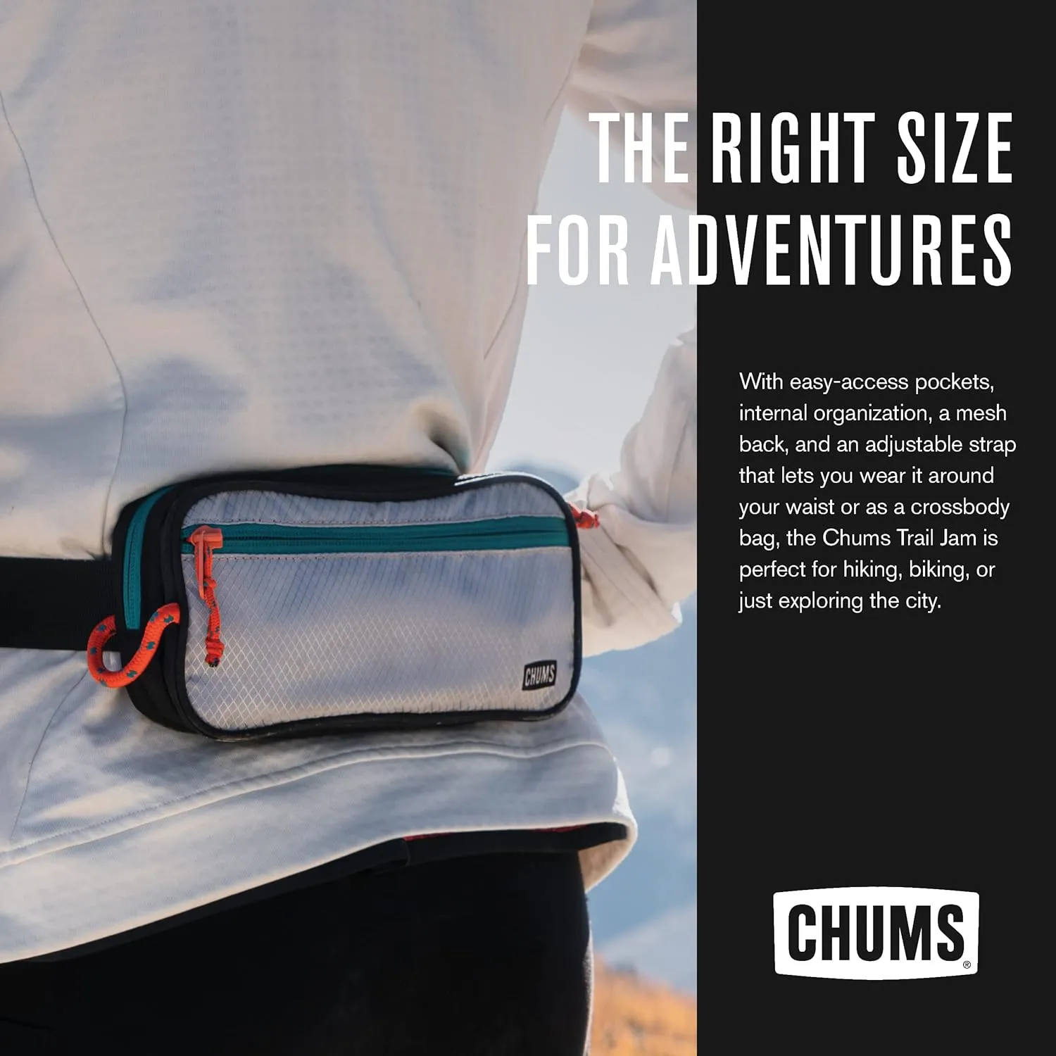 Chums Trail Jam Waist Pack - Tactical Belt Bag and Convertible Crossbody Bag with Zipper Pockets For Running, Hiking, and Travel - Black