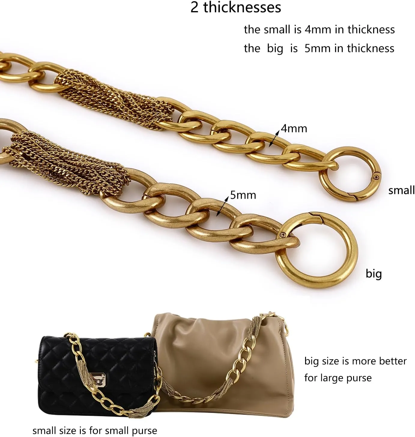 Classy Metal Tassels Bag Chains Purse Handles Shoulder Strap Replacement Charms Accessories (Antique Gold Small 17'')