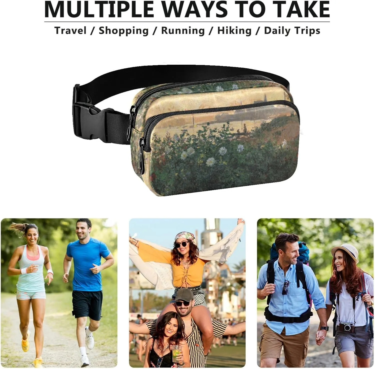 Claude Monet Flowered Riverbank Argenteuil Womens Fanny Pack Waterproof Hip Pack Belt Bag Fashion Crossbody Waist Purse