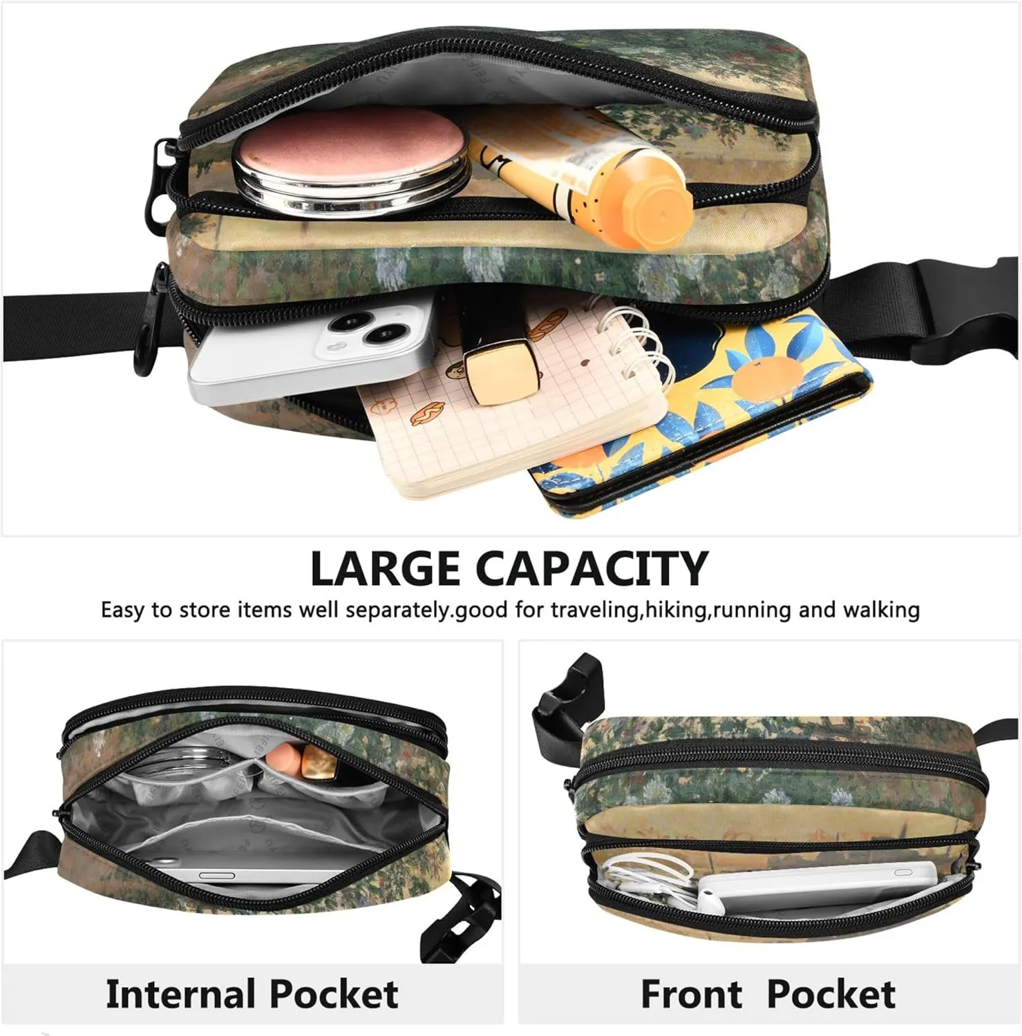 Claude Monet Flowered Riverbank Argenteuil Womens Fanny Pack Waterproof Hip Pack Belt Bag Fashion Crossbody Waist Purse