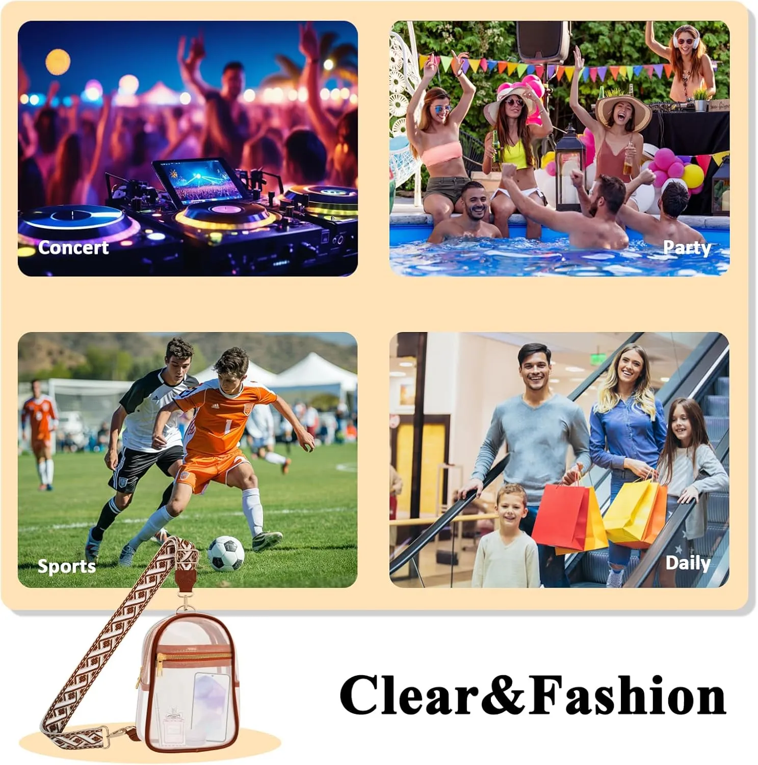 Clear Bag for Stadium Events Approved Concert Travel Outdoors See Through Sports Fan Handbags&Purses