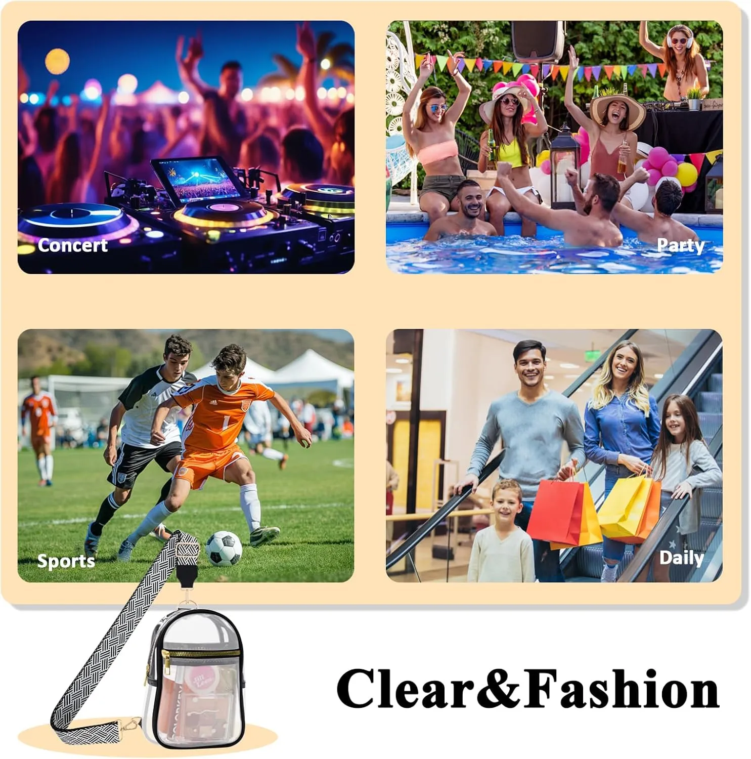 Clear Bag for Stadium Events Approved Concert Travel Outdoors See Through Sports Fan Handbags&Purses
