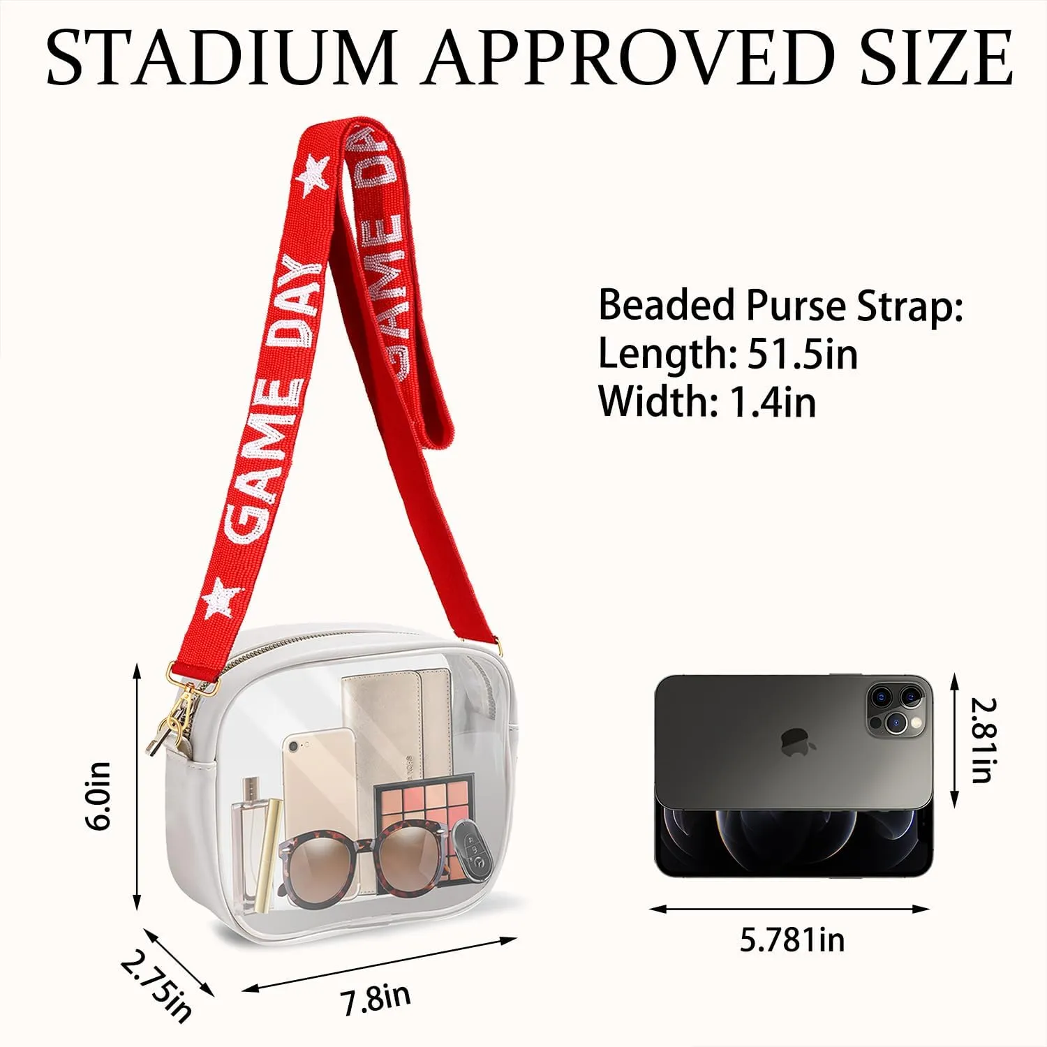 Clear Bag for Stadium Events with Game Day Beaded Purse Strap Stadium Approved Clear Crossbody Bag for Concerts Sports Events