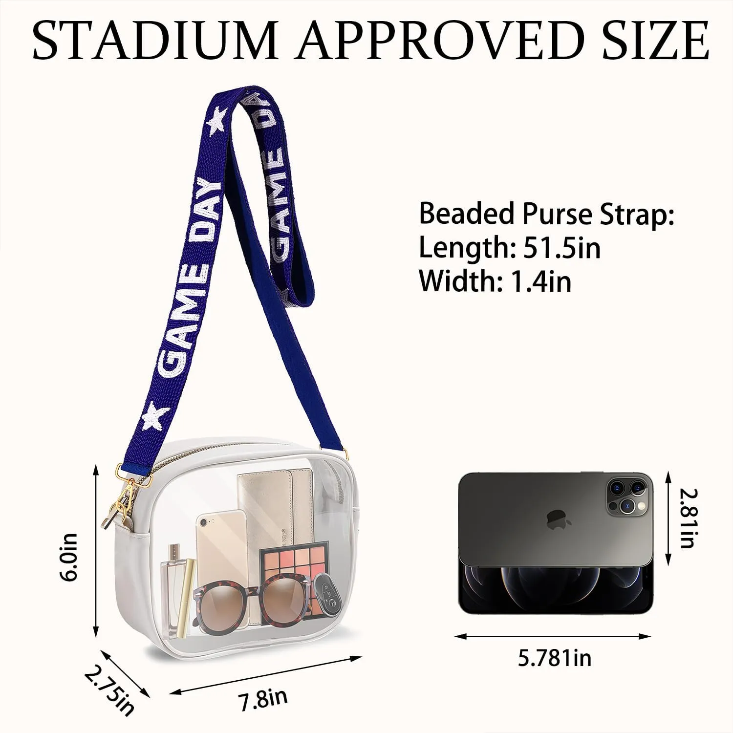 Clear Bag for Stadium Events with Game Day Beaded Purse Strap Stadium Approved Clear Crossbody Bag for Concerts Sports Events