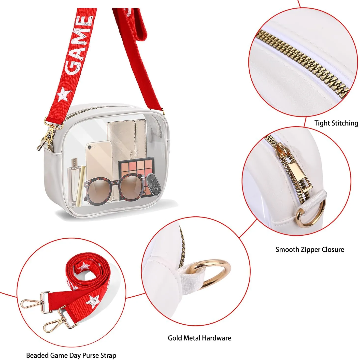 Clear Bag for Stadium Events with Game Day Beaded Purse Strap Stadium Approved Clear Crossbody Bag for Concerts Sports Events