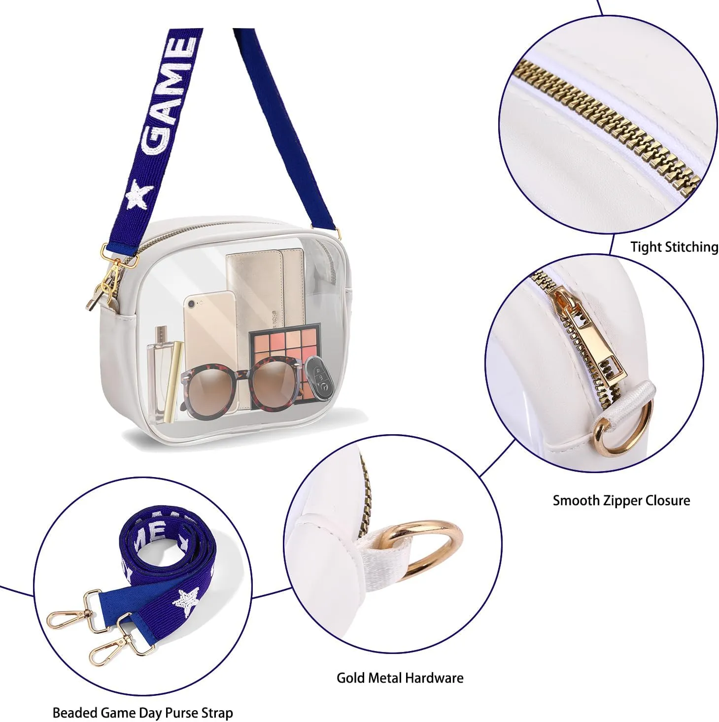 Clear Bag for Stadium Events with Game Day Beaded Purse Strap Stadium Approved Clear Crossbody Bag for Concerts Sports Events