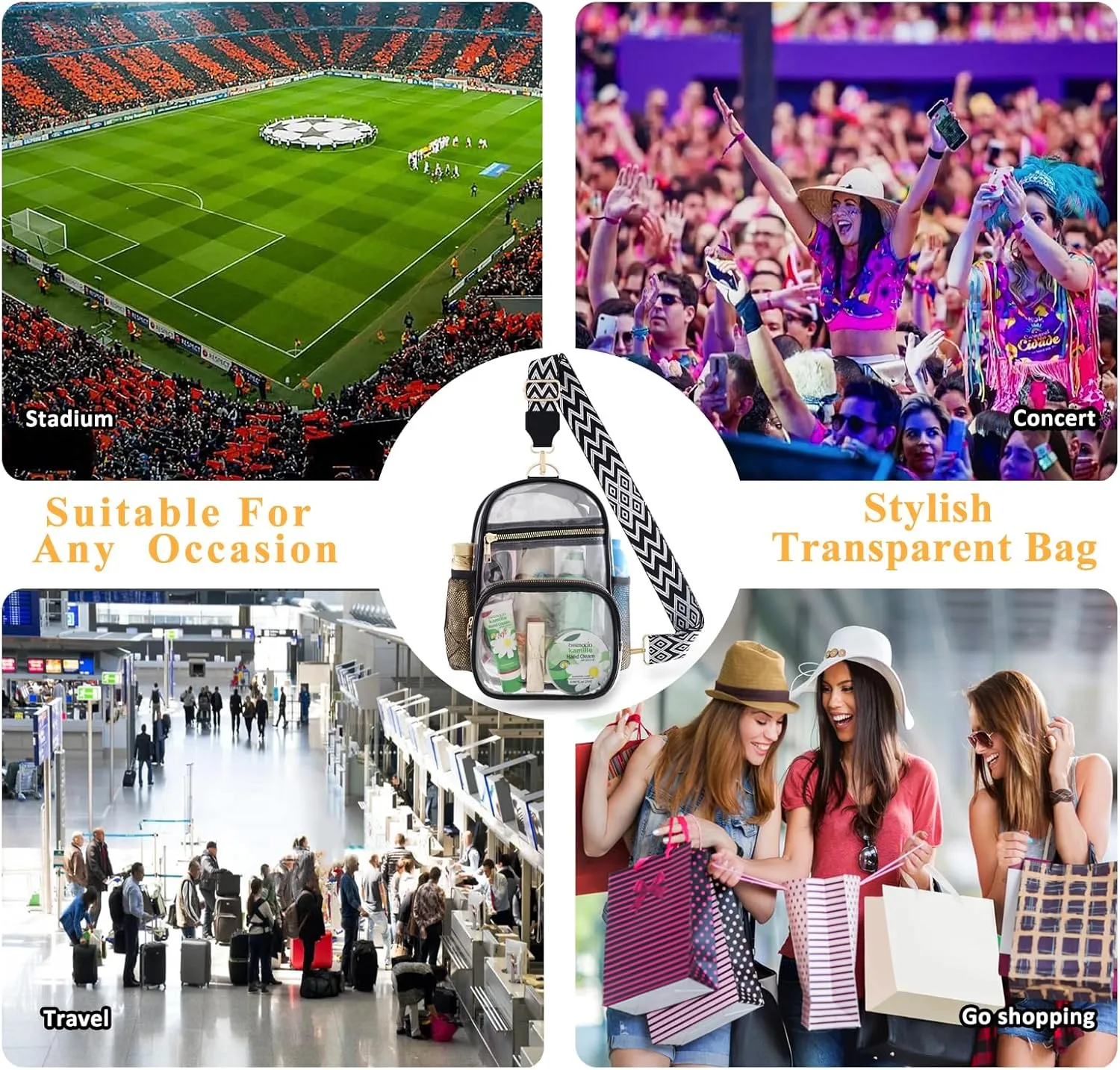 Clear Bag Stadium Approved Events Concerts Sports Outdoors Water Bottle Holder,Clear Purse for Women Men Handbags