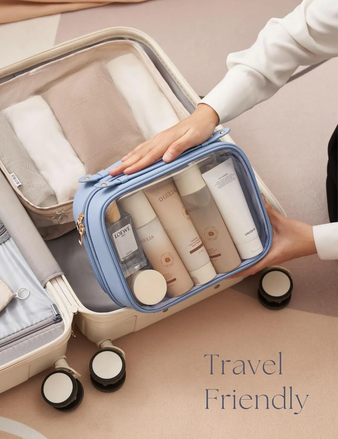 Clear Cosmetic Bag Double Layer Travel Toiletry Bag Clear Makeup Bag Case with 4 Compartments, Transparent Travel Bag for Toiletries, Large Toiletry Bag for Women Cosmetic Case (Blue)