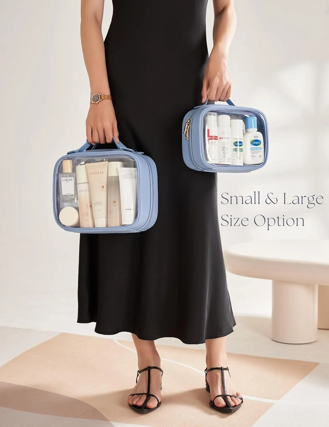 Clear Cosmetic Bag Double Layer Travel Toiletry Bag Clear Makeup Bag Case with 4 Compartments, Transparent Travel Bag for Toiletries, Large Toiletry Bag for Women Cosmetic Case (Blue)