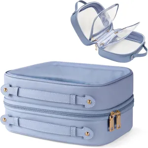 Clear Cosmetic Bag Double Layer Travel Toiletry Bag Clear Makeup Bag Case with 4 Compartments, Transparent Travel Bag for Toiletries, Large Toiletry Bag for Women Cosmetic Case (Blue)