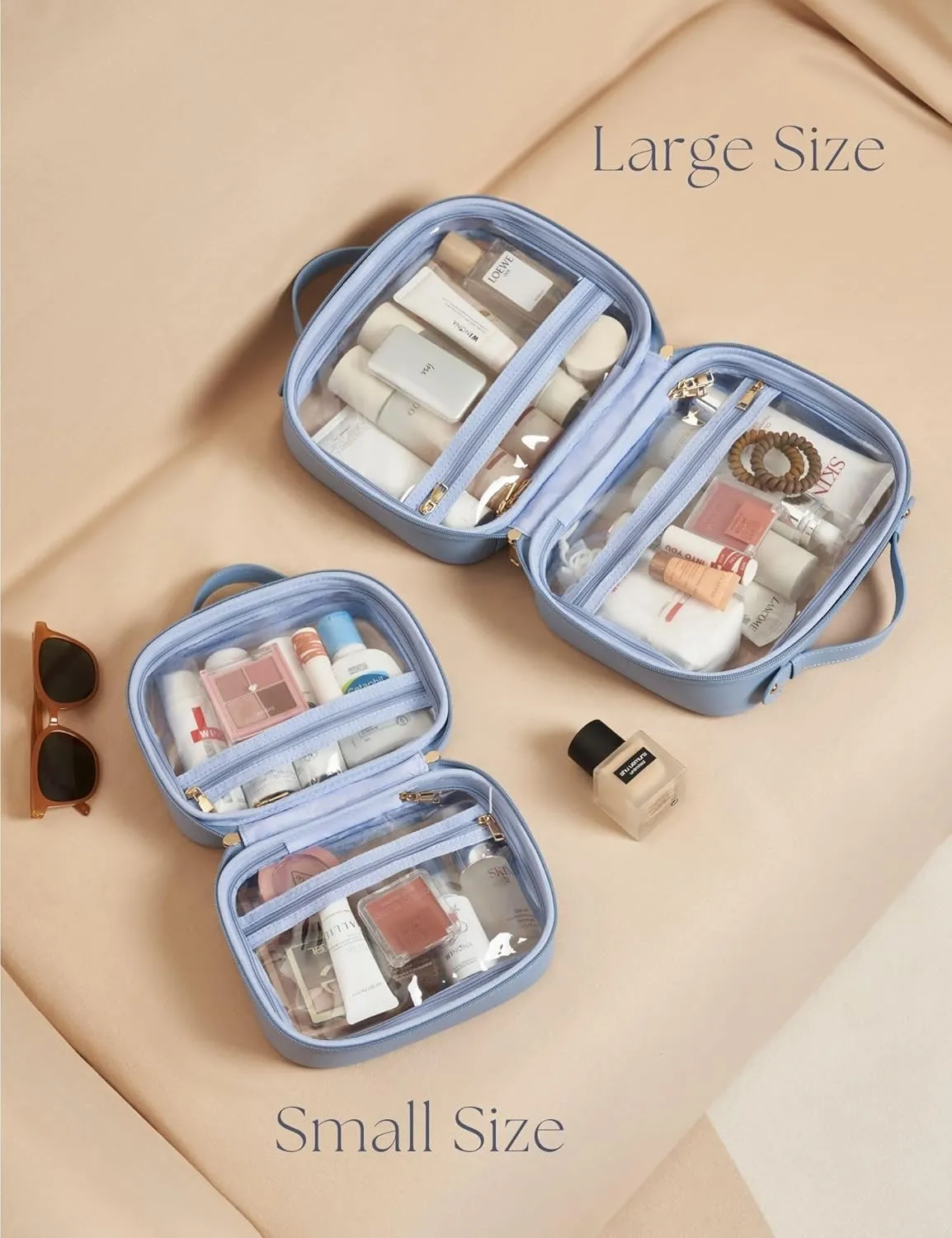 Clear Cosmetic Bag Double Layer Travel Toiletry Bag Clear Makeup Bag Case with 4 Compartments, Transparent Travel Bag for Toiletries, Large Toiletry Bag for Women Cosmetic Case (Blue)