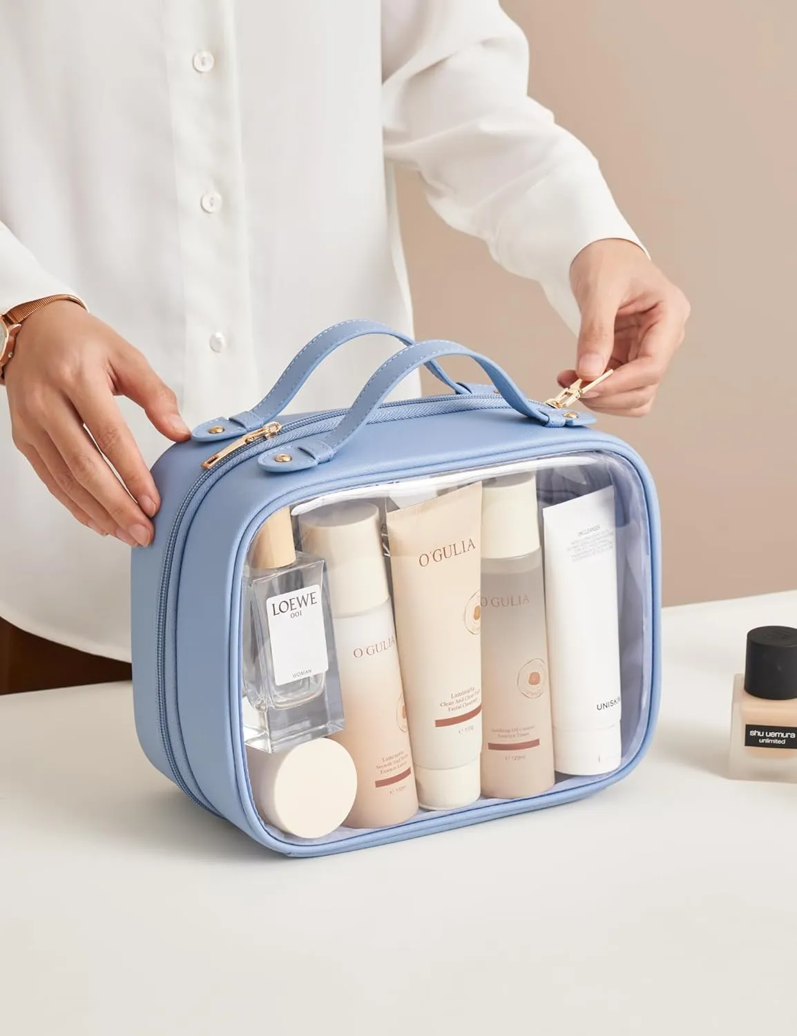 Clear Cosmetic Bag Double Layer Travel Toiletry Bag Clear Makeup Bag Case with 4 Compartments, Transparent Travel Bag for Toiletries, Large Toiletry Bag for Women Cosmetic Case (Blue)