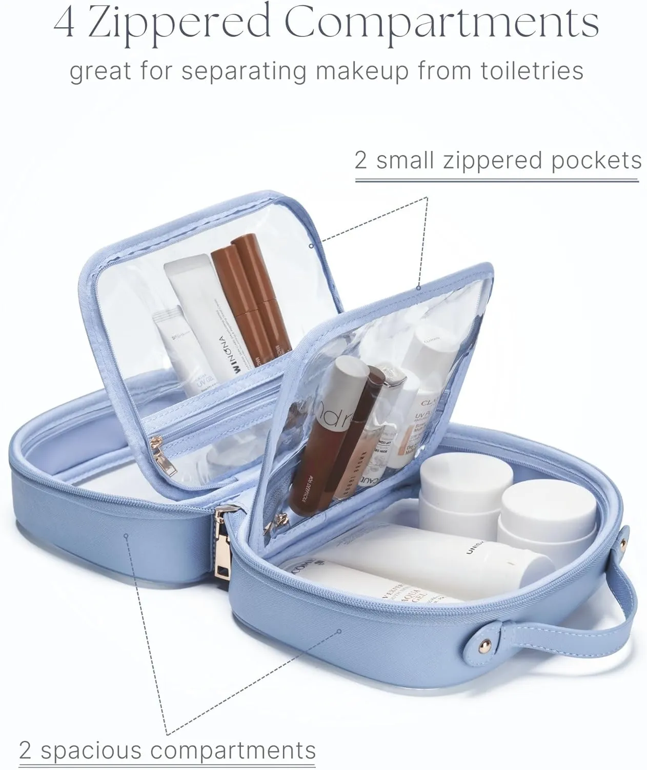 Clear Cosmetic Bag Double Layer Travel Toiletry Bag Clear Makeup Bag Case with 4 Compartments, Transparent Travel Bag for Toiletries, Large Toiletry Bag for Women Cosmetic Case (Blue)