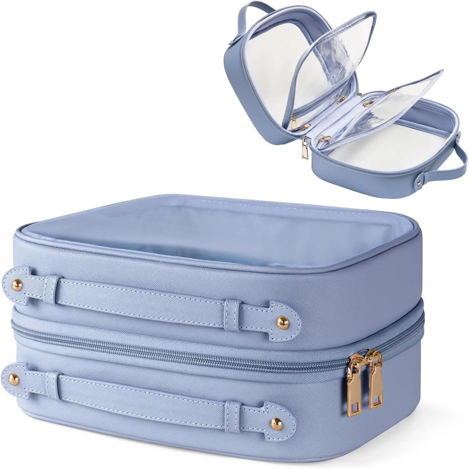 Clear Cosmetic Bag Double Layer Travel Toiletry Bag Clear Makeup Bag Case with 4 Compartments, Transparent Travel Bag for Toiletries, Large Toiletry Bag for Women Cosmetic Case (Blue)