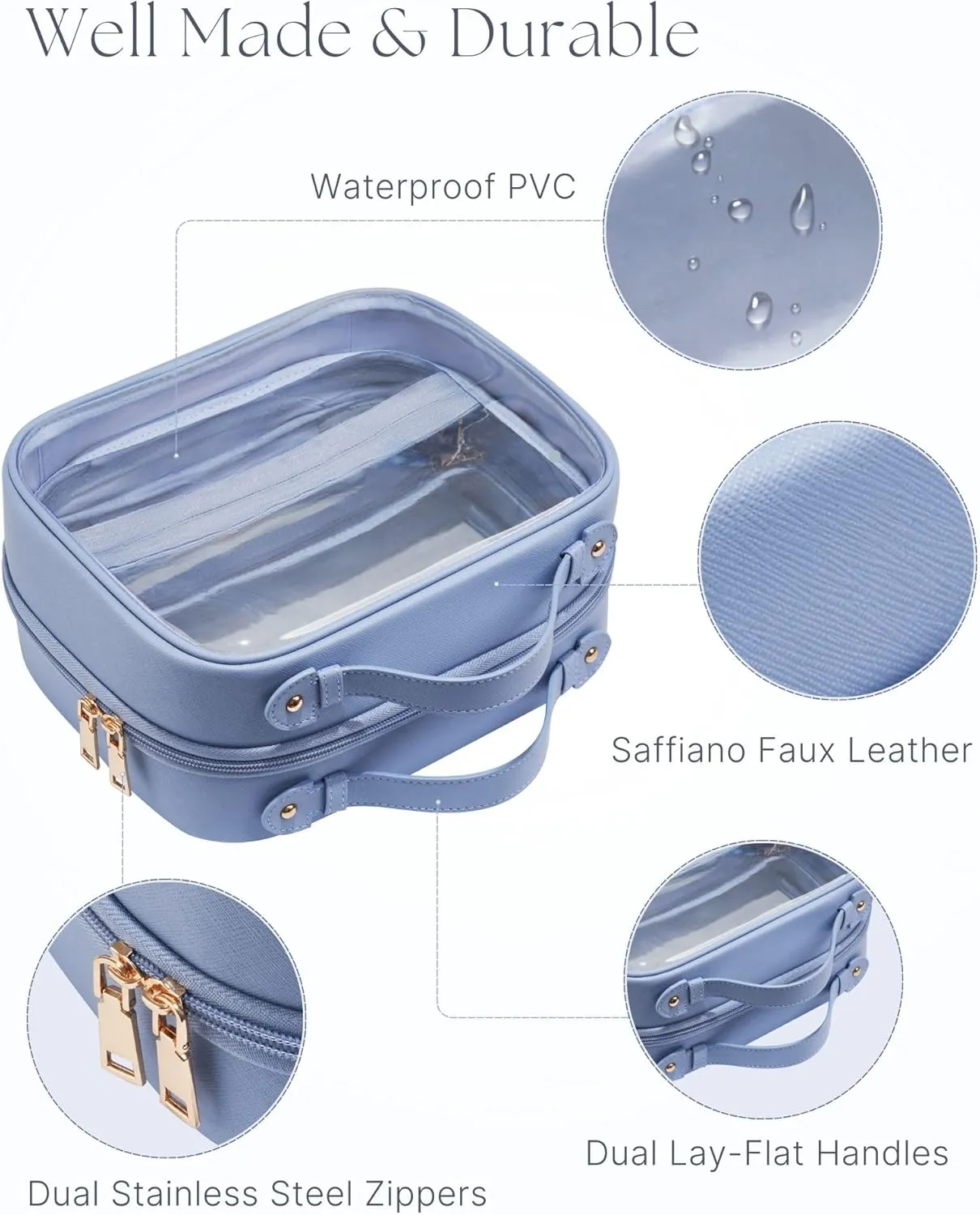 Clear Cosmetic Bag Double Layer Travel Toiletry Bag Clear Makeup Bag Case with 4 Compartments, Transparent Travel Bag for Toiletries, Large Toiletry Bag for Women Cosmetic Case (Blue)