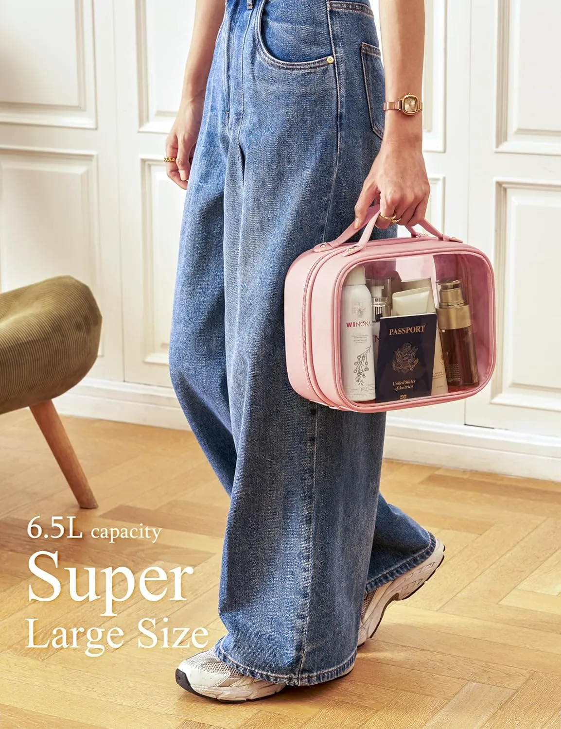 Clear Cosmetic Bag Double Layer Travel Toiletry Bag Transparent Makeup Case with Zipper TSA Approved for Women Girls
