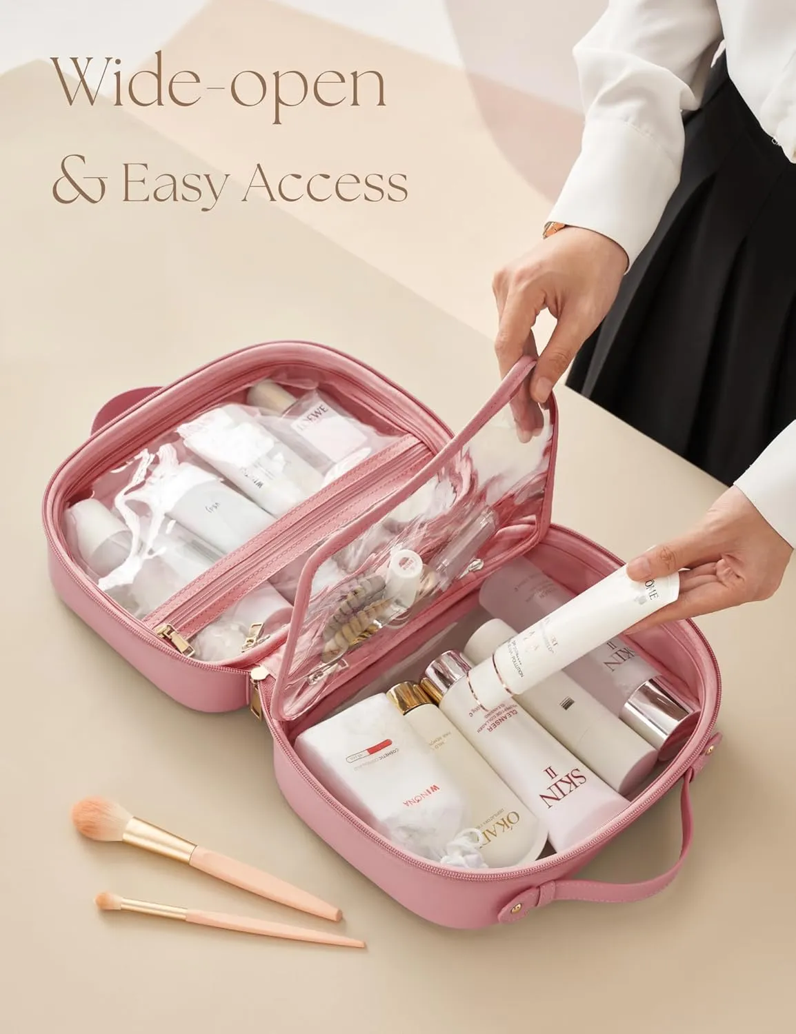 Clear Cosmetic Bag Double Layer Travel Toiletry Bag Transparent Makeup Case with Zipper TSA Approved for Women Girls