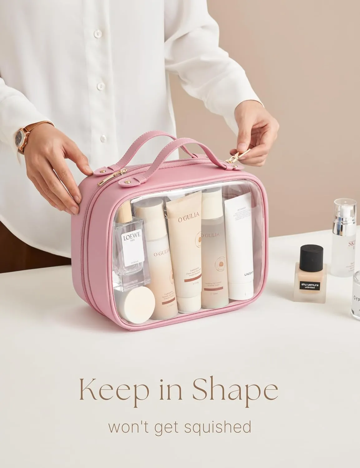 Clear Cosmetic Bag Double Layer Travel Toiletry Bag Transparent Makeup Case with Zipper TSA Approved for Women Girls