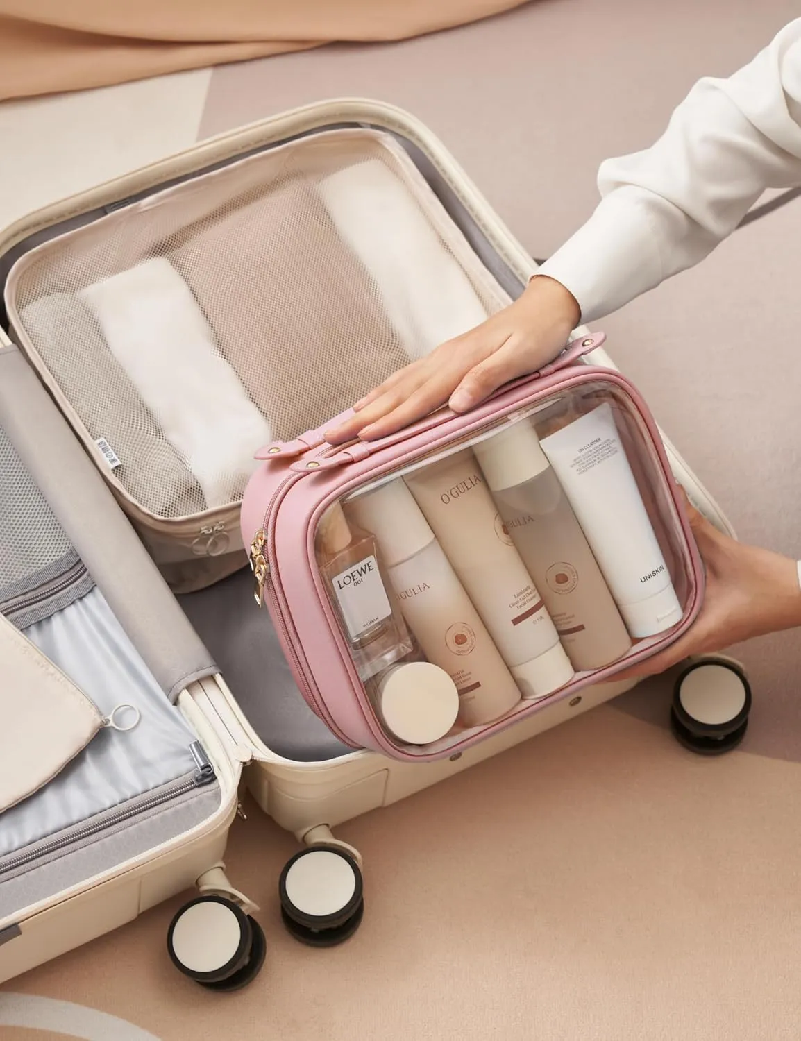 Clear Cosmetic Bag Double Layer Travel Toiletry Bag Transparent Makeup Case with Zipper TSA Approved for Women Girls